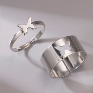 Adjustable Silver-Plated Butterfly Rings for Couples