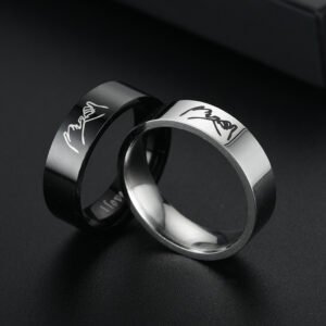 Black and Silver Promise Rings for Couples, His and Hers Matching Band Set