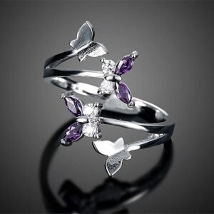 Elegant Silver-Plated Purple Crystal Butterfly Ring