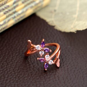 Elegant Rose Gold Purple Crystal Butterfly Ring