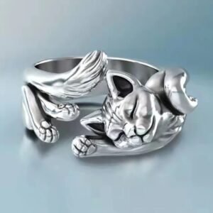 Silver-Plated Sleeping Cat Paws Adjustable Finger Ring