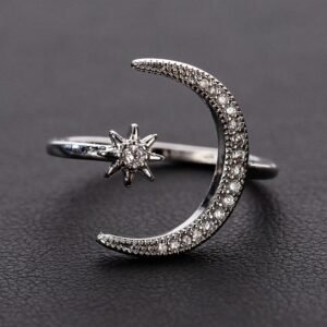 Silver-Plated Shining Moon & Star Ring