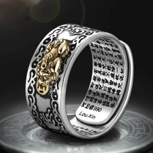 Religious Symbol Japanese Words Engraved Oxidized Silver Scorpion Ring