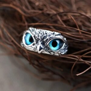 Oxidised Silver Owl Ring Blue Cat Eyes Adjustable Finger Ring