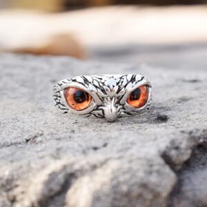 Oxidised Silver Owl Ring with Orange Eyes Finger Ring