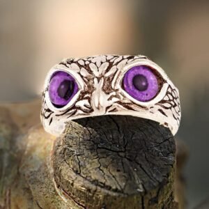 Oxidized Silver Crystal Studded Purple Owl Eye Finger Ring