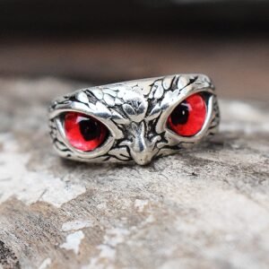 Oxidized Silver Crystal Studded Red Owl Eye Finger Ring