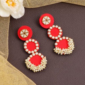 Red Fabric Triple Layered Pearl Dangle Earrings
