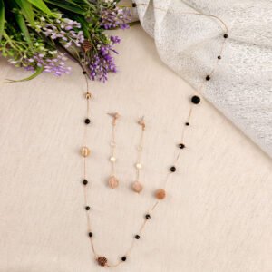 Gold-Toned & Black Beaded Long Necklace & Earrings