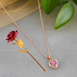 Valentine’s Day Pink Heart Pendant Chain & Red Rose Combo Set