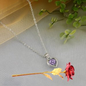 Valentine’s Day Heart Pendant Chain & Red Rose Combo Set