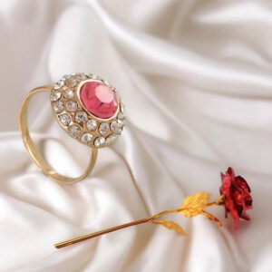 Valentine’s Day Gift Set Pink Stone Ring & Red Rose Combo