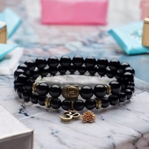 OM Buddha Bracelet Glossy Black Beads