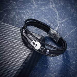 Silver-Plated Guitar Motif on Black PU Leather Bracelet for Men