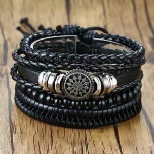 Men’s Oxidised Silver Wheel Leather Black Beads Bracelet