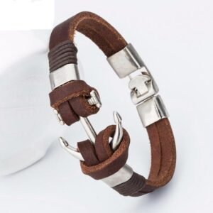 Unisex Silver-Plated Anchor Brown Leather Bracelet