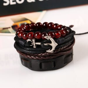 Unisex Silver-Plated Anchor Multicolor Leather/Beads Bracelet