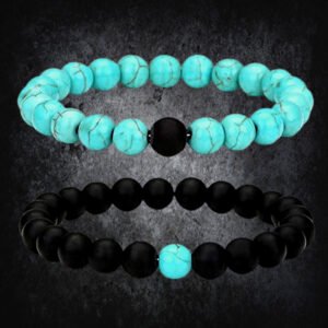 Onyx Turquoise Blue-Black Beads Stretch Bracelet for Men/Women