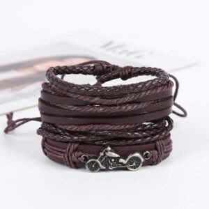 Stylish Set of 4 Biker Brown Leather Wrist Band Bracelets for Men