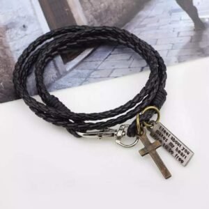 Black Leather Jesus Cross Bracelet for Men