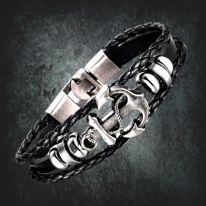 Oxidised Silver Anchor Black Adjustable Wrist Bracelet for Men