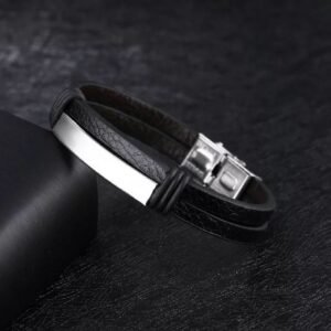 Bold Silver-Tone Double Wrap Black Bracelet for Men