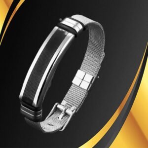 Men’s Black Silver-Plated Watch Stripe Wrist Band Bracelet