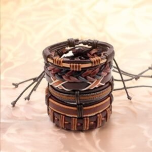 Brown Multi-String Leather Bracelet Set (Pack of 6)