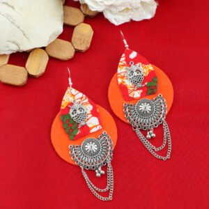 Handcrafted Orange Fabric Owl Pattern Dangler Earrings