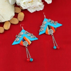 Coin Embellished Turquoise Blue Triangle Beaded Tassel Dangler Earrings
