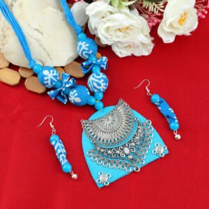 Blossoms Handmade Blue Fabric Oxidised Silver Pendant Jewellery Set