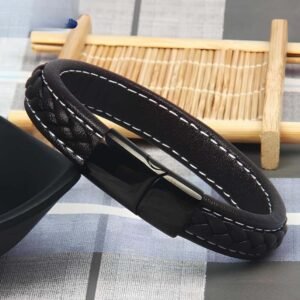 Men’s Braided Leather Bracelet with Steel Magnetic Clasp