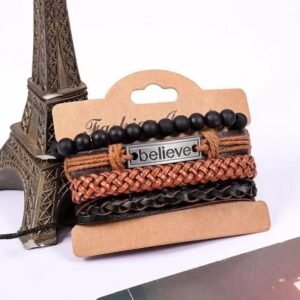 Brown Black Believe Multi-Strand Leather & Beads Charm Bracelet