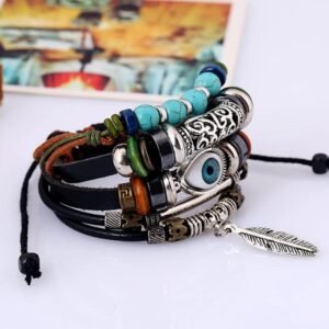 Blue Evil Eye Multi-Color Leather Wrap Bracelet