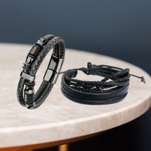 Men’s Leather Multistrand Black Bracelet Combos (Pack of 2)