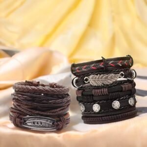 Men’s Rugged Leather & Feather Arm Braided Bracelet Combo Set