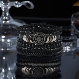 Men’s Oxidised Silver Wheel Leather Black Beads Bracelet