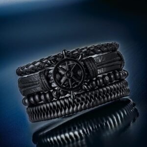 Multistring Black Wheel/Beads Wrap Bracelet Set for Men