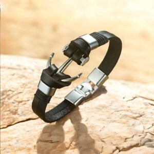 Unisex Silver-Plated Anchor Black Leather Bracelet