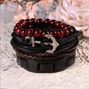 4 Piece Anchor Leather Bracelet