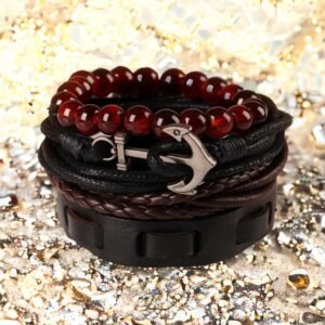 Unisex Silver-Plated Anchor Multicolor Leather/Beads Bracelet