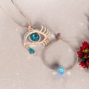 Valentine’s Day Jewelry Gift Set Angel Blue Eye Pendant Chain Necklace with Blue Evil Eye Bracelet