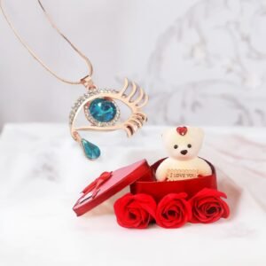 Valentine’s Day Jewelry Gift Set Angel Blue Eye Pendant Chain Necklace with Red Teddy