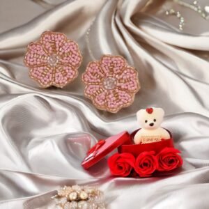 Women Handcrafted Floral Earrings & Red Teddy Gift Set