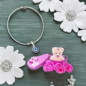 Evil Eye Charm Bracelet & Pink Teddy Bear Gift Combo Set