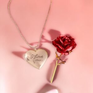 I Love Photo Frame Heart Pendant Chain & Red Rose Combo Gift Set