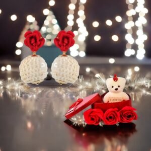 Red Rose Dangle Earrings & Red Teddy Bear Combo Gift Set