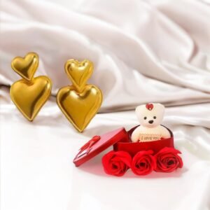 Gold Heart Earrings with Red Teddy Bear Gift Combo Set