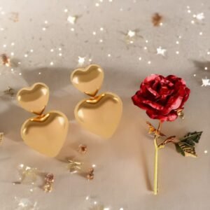 Gold Heart Earrings & Red Rose Gift Combo Set