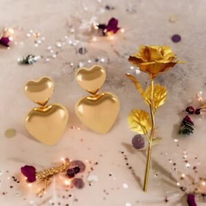 Gold Heart Earrings & Golden Rose Gift Combo Set